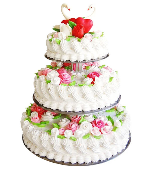 Торт свадебный кремовый трехъярусный с лебедями